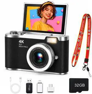 4K Digital Camera with Flip Screen, 4800W Point and Shoot Digital Cameras for Photography, 180° Rotating Selfie Camera with 32GB SD Card,Neck Lanyard,Fill Light for Teens Kids TravelBlack 4K Digital Camera with Flip Screen, 4800W Point and Shoot Digital Cameras for Photography, 180° Rotating Selfie Camera with 32GB SD Card,Neck Lanyard,Fill Light for Teens Kids TravelBlack
