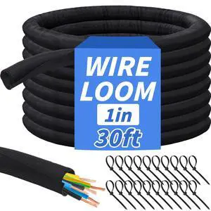 30ft - 1in Split Braided Sleeve Cable Management, Self-Wrapping | Flexible loom tubing protects wires from abrasion and heat. Great for automotive, TV, computer, and home electrical use 30ft - 1in Split Braided Sleeve Cable Management, Self-Wrapping | Flexible loom tubing protects wires from abrasion and heat. Great for automotive, TV, computer, and home electrical use