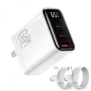 65W 3-Port USB C Wall Charger Block with 2Pack Extra Long 6FT USB C Cable | Ultra-Compact GaN Foldable Fast Wall Adapter with Digital Display for MacBook Pro/Neo/Air, iPhone 17 Series, and More 65W 3-Port USB C Wall Charger Block with 2Pack Extra Long 6FT USB C Cable | Ultra-Compact GaN Foldable Fast Wall Adapter with Digital Display for MacBook Pro/Neo/Air, iPhone 17 Series, and More