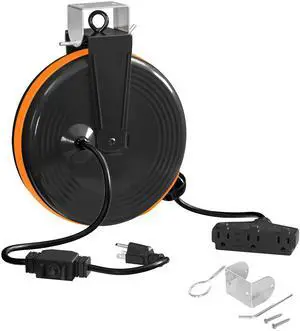 30 Ft Retractable Extension Cord Reel, 16/3 Gauge SJTOW Power Cord with 3 Electrical Outlets Pigtail for Garage and Shop, 10 Amp Circuit Breaker, Metal Plate, UL Listed, Black B30ACR06 30 Ft Retractable Extension Cord Reel, 16/3 Gauge SJTOW Power Cord with 3 Electrical Outlets Pigtail for Garage and Shop, 10 Amp Circuit Breaker, Metal Plate, UL Listed, Black B30ACR06