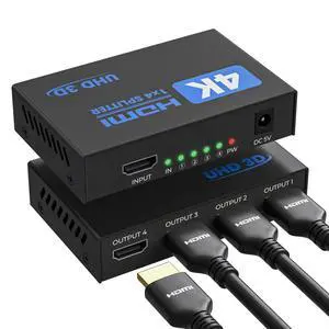 HDMI Splitter 1 in 4 Out, 4K Splitter for 4 Monitors, 4 Way HDMI Distribution, Multi HDMI Adapter for PC, Laptop, HDTV, Projector,1 Input 4 Outputs, Mirror Only, Not Extend HDMI Splitter 1 in 4 Out, 4K Splitter for 4 Monitors, 4 Way HDMI Distribution, Multi HDMI Adapter for PC, Laptop, HDTV, Projector,1 Input 4 Outputs, Mirror Only, Not Extend