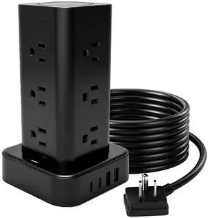 16-in-1 Power Strip Tower with Surge Protector 1800J, 2USB-C & 2USB-A Ports with 12 AC Outlets, 10ft Extension Cord with Multiple outlets for Home Office Dorm Room, Black 16-in-1 Power Strip Tower with Surge Protector 1800J, 2USB-C & 2USB-A Ports with 12 AC Outlets, 10ft Extension Cord with Multiple outlets for Home Office Dorm Room, Black
