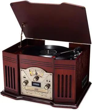 All-in-One Turntable with 3-Speed Record Player, Bluetooth, CD, Cassette Tape, AM/FM Radio, Aux, USB, Built-in Speakers, Handmade Wooden Exterior All-in-One Turntable with 3-Speed Record Player, Bluetooth, CD, Cassette Tape, AM/FM Radio, Aux, USB, Built-in Speakers, Handmade Wooden Exterior