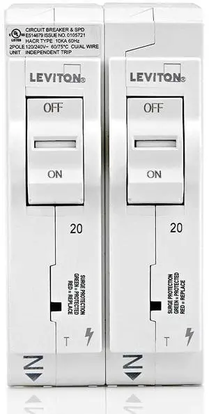 LSPD2-T Surge Protective Device with Two 20A 1-Pole Plug-On Standard Branch Circuit Breakers, Thermal Magnetic, 120/240 VAC, White LSPD2-T Surge Protective Device with Two 20A 1-Pole Plug-On Standard Branch Circuit Breakers, Thermal Magnetic, 120/240 VAC, White