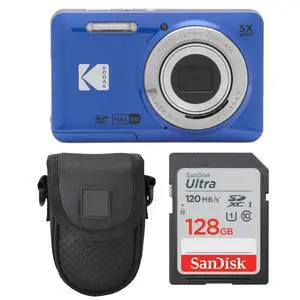 Kodak PIXPRO FZ55 Digital Camera (Blue) + Point & Shoot Camera Case + Sandisk 128GB SDXC Memory Card Kodak PIXPRO FZ55 Digital Camera (Blue) + Point & Shoot Camera Case + Sandisk 128GB SDXC Memory Card