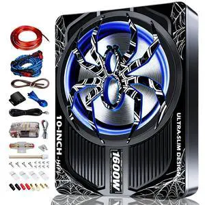 Upgraded 10 Inch 1600W Under Seat Subwoofer with Amp, Powered Slim Sub, Blue LED Ambient Light, (LPF/Gain/Bass Boost) Independent Bass Knob, Car Audio Subwoofer Package for Truck SUV Jeep MPV Upgraded 10 Inch 1600W Under Seat Subwoofer with Amp, Powered Slim Sub, Blue LED Ambient Light, (LPF/Gain/Bass Boost) Independent Bass Knob, Car Audio Subwoofer Package for Truck SUV Jeep MPV