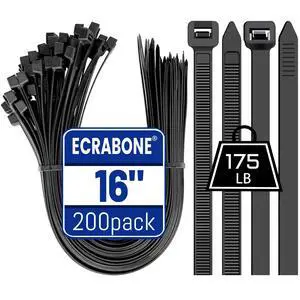 200 Pack 16 Inch Zip Ties Heavy Duty, 175 lbs Tensile Strength, Extra Wide Thick UV Resistant Black Cable Ties for Indoor Outdoor Electrical Projects & Home Organization 200 Pack 16 Inch Zip Ties Heavy Duty, 175 lbs Tensile Strength, Extra Wide Thick UV Resistant Black Cable Ties for Indoor Outdoor Electrical Projects & Home Organization