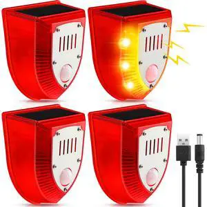 4 Pcs Solar Alarm Motion Detector with Sound Outdoor Motion Sensor 129db Barking Dog Strobe Light Gunshot Sound Alarm Detector Noise Maker Warning Lamp for Home Villa Yard Farm 4 Pcs Solar Alarm Motion Detector with Sound Outdoor Motion Sensor 129db Barking Dog Strobe Light Gunshot Sound Alarm Detector Noise Maker Warning Lamp for Home Villa Yard Farm