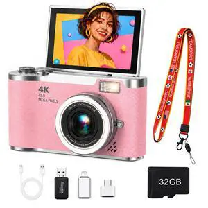 4K Digital Camera with Flip Screen, 4800W Point and Shoot Digital Cameras for Photography, 180° Rotating Selfie Camera with 32GB SD Card,Neck Lanyard,Fill Light for Teens Kids Travel(Pink) 4K Digital Camera with Flip Screen, 4800W Point and Shoot Digital Cameras for Photography, 180° Rotating Selfie Camera with 32GB SD Card,Neck Lanyard,Fill Light for Teens Kids Travel(Pink)