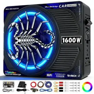 1600W Slim Underseat Car Subwoofer and Amp Package, Powered Car Subwoofer with Built-in Amp, Subsonic Deep Bass, RGB Beat Light, Low Pass/Gain/Bass Boost Control, Truck SUV Car Audio Subwoofer 1600W Slim Underseat Car Subwoofer and Amp Package, Powered Car Subwoofer with Built-in Amp, Subsonic Deep Bass, RGB Beat Light, Low Pass/Gain/Bass Boost Control, Truck SUV Car Audio Subwoofer