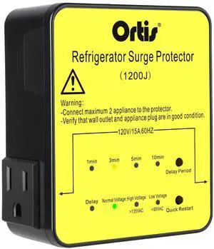 Refrigerator Surge Protector 2-Outlet 1200J - Voltage Protector for Refrigerator with Delay Start, Quick Restart & LED Indicator, Side Plug, Fridge Guard for Large Fridge 27+ Cu.Ft, Yellow Refrigerator Surge Protector 2-Outlet 1200J - Voltage Protector for Refrigerator with Delay Start, Quick Restart & LED Indicator, Side Plug, Fridge Guard for Large Fridge 27+ Cu.Ft, Yellow