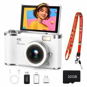 4K Digital Camera with Flip Screen, 4800W Point and Shoot Digital Cameras for Photography, 180° Rotating Selfie Camera with 32GB SD Card,Neck Lanyard,Fill Light for Teens Kids Travel(White) 4K Digital Camera with Flip Screen, 4800W Point and Shoot Digital Cameras for Photography, 180° Rotating Selfie Camera with 32GB SD Card,Neck Lanyard,Fill Light for Teens Kids Travel(White)