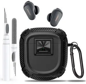 for New Bose QuietComfort Ultra Earbuds (2nd Gen 2025)/Ultra 2023/II 2022 Case Cover with Lock Clip&Cleaner kit, Rugged Shockproof Protective Bose QC Ultra 2 Hard Skin with Carabiner - Black for New Bose QuietComfort Ultra Earbuds (2nd Gen 2025)/Ultra 2023/II 2022 Case Cover with Lock Clip&Cleaner kit, Rugged Shockproof Protective Bose QC Ultra 2 Hard Skin with Carabiner - Black