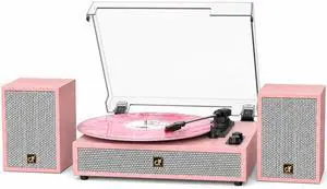 TE-2028 Pink Bluetooth Record Player with External Speakers Belt-Drive Turntable for Vinyl Records Dual Stereo Speakers LP Players Support 3 Speed 3 Size, AUX RCA Output, Auto Stop TE-2028 Pink Bluetooth Record Player with External Speakers Belt-Drive Turntable for Vinyl Records Dual Stereo Speakers LP Players Support 3 Speed 3 Size, AUX RCA Output, Auto Stop