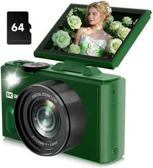 Digital Camera, 5K 80MP Camera Digital with 3" 180° Flip Screen with 18X Zoom, 64GB SD Card, Compact Travel Camera for YouTube with Anti-Shake, Camera for Teens(Deep Green) Digital Camera, 5K 80MP Camera Digital with 3" 180° Flip Screen with 18X Zoom, 64GB SD Card, Compact Travel Camera for YouTube with Anti-Shake, Camera for Teens(Deep Green)