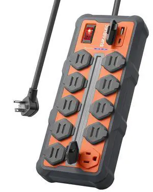 Heavy Duty Power Strip with 4500J Surge Protector, 10 AC Outlets | 1 USB-A & 1 USB-C Ports, Overmolded Rubber Housing, Wall Mount, 14AWG 10Ft Cord for Workshop, Garage, Office, ETL Listed Heavy Duty Power Strip with 4500J Surge Protector, 10 AC Outlets | 1 USB-A & 1 USB-C Ports, Overmolded Rubber Housing, Wall Mount, 14AWG 10Ft Cord for Workshop, Garage, Office, ETL Listed