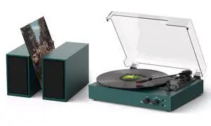 Retro Bluetooth Record Player with External Speakers, 3-Speed Belt-Drive Turntable, USB to PC Recording, AUX & RCA Output, Auto Stop, Vintage Vinyl Player with Modern Design, Green Retro Bluetooth Record Player with External Speakers, 3-Speed Belt-Drive Turntable, USB to PC Recording, AUX & RCA Output, Auto Stop, Vintage Vinyl Player with Modern Design, Green