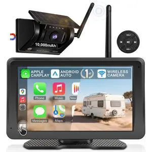 Wireless Backup Camera for Truck RV - 7" Portable Apple CarPlay Android Auto Touchscreen Monitor - 10000mAh Solar Magnetic Rear View Camera for Pickup, Trailer, Camper Van, Fifth Wheel, Box Semi Truck Wireless Backup Camera for Truck RV - 7" Portable Apple CarPlay Android Auto Touchscreen Monitor - 10000mAh Solar Magnetic Rear View Camera for Pickup, Trailer, Camper Van, Fifth Wheel, Box Semi Truck