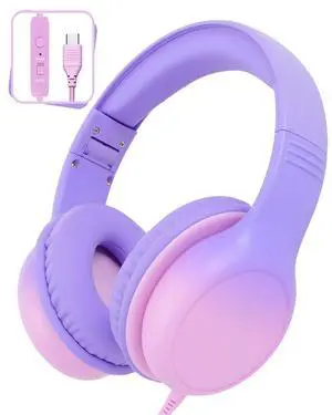 USB C Over Ear Kids Headphones with HD Mic, Safe Volume Limited Wired Headphones for School, Travel, Stereo Sound, Foldable Headphones for iPad, Laptop, PC, Purple-Pink USB C Over Ear Kids Headphones with HD Mic, Safe Volume Limited Wired Headphones for School, Travel, Stereo Sound, Foldable Headphones for iPad, Laptop, PC, Purple-Pink