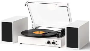 Bluetooth Record Player with External Stereo Speakers, Vintage 3-Speed Turntable | PC Recording Vinyl to MP3 | RCA Headphone Output & AUX Input for External Audio, White Bluetooth Record Player with External Stereo Speakers, Vintage 3-Speed Turntable | PC Recording Vinyl to MP3 | RCA Headphone Output & AUX Input for External Audio, White