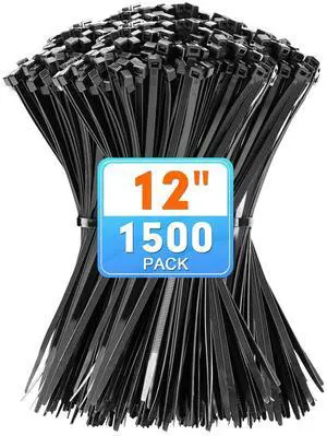 12 Inch Black Nylon Zip Ties, 1500 Pack Self-Locking 50lb Tensile 12 Inch Black Nylon Zip Ties, 1500 Pack Self-Locking 50lb Tensile