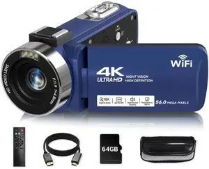 Video Camera, 4K Camcorder 56MP Digital Video Recorder 18X Zoom 3" 270° Rotation Touchscreen IR Night Vision, Wifi Vlogging Camera for YouTube 64GB Card Anti-Shake Remote Control Camera Bag Lens Cap Video Camera, 4K Camcorder 56MP Digital Video Recorder 18X Zoom 3" 270° Rotation Touchscreen IR Night Vision, Wifi Vlogging Camera for YouTube 64GB Card Anti-Shake Remote Control Camera Bag Lens Cap