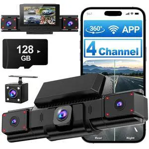 4 Channel Dash Cam,360° All-Around View Front Rear Left Right Inside Car Camera,3" IPS Screen,4-Way Dash Cam with 24H Parking Mode,8 IR Night Vision,G-Sensor,128GB Card Included 4 Channel Dash Cam,360° All-Around View Front Rear Left Right Inside Car Camera,3" IPS Screen,4-Way Dash Cam with 24H Parking Mode,8 IR Night Vision,G-Sensor,128GB Card Included