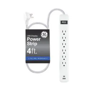 Power Strip with USB Ports, 4 Ft Extension Cord, 6 Outlet Extender | 1 USB-A, 1 USB-C, Flat Plug, Wall Mount, On Off Switch, Braided Extension Cord, ETL Safety Listed, White, 85706 Power Strip with USB Ports, 4 Ft Extension Cord, 6 Outlet Extender | 1 USB-A, 1 USB-C, Flat Plug, Wall Mount, On Off Switch, Braided Extension Cord, ETL Safety Listed, White, 85706