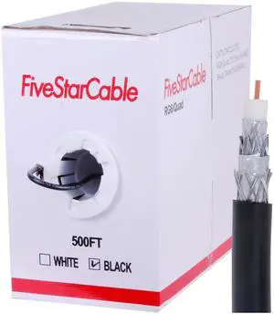 RG6 500ft Quad Shielded Coaxial Cable - Easy Pull Box, Black & White, ETL, CL2 Rated, 18 AWG, 75 Ohm, for HDTV, Satellite, Cable TV, Internet, and CCTV Installations (Black, 500 Ft) RG6 500ft Quad Shielded Coaxial Cable - Easy Pull Box, Black & White, ETL, CL2 Rated, 18 AWG, 75 Ohm, for HDTV, Satellite, Cable TV, Internet, and CCTV Installations (Black, 500 Ft)