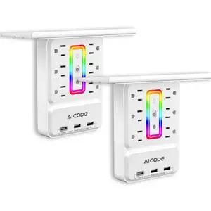 2 PCS Outlet Extender with Shelf, Nightlight, Surge Protector, USB C | 9 In 1 Plug Expander, Detachable Shelf, 6 AC Outlets, 3 USB Ports USB C, 900J Surge Protection For Bathroom Kitchen Dorm Home 2 PCS Outlet Extender with Shelf, Nightlight, Surge Protector, USB C | 9 In 1 Plug Expander, Detachable Shelf, 6 AC Outlets, 3 USB Ports USB C, 900J Surge Protection For Bathroom Kitchen Dorm Home