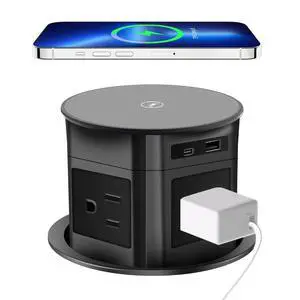 7-in-1 Pop Up Outlet with 15W Wireless Charger,3.86 inch Hole; 4 Outlets 1875W Overload Protection, USB-A,USB C Ports PD 20W,6.5FT 16AWG Cable UL Testing for Office Home -Black 7-in-1 Pop Up Outlet with 15W Wireless Charger,3.86 inch Hole; 4 Outlets 1875W Overload Protection, USB-A,USB C Ports PD 20W,6.5FT 16AWG Cable UL Testing for Office Home -Black