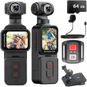 Pocket Vlogging Camera 5K with Remote Control, 64GB Card | Vlog Action Body Cam with Face Detection, Automatic Rotating Lens, Rotatable Touch Screen, External Mic, Remote Control Pocket Vlogging Camera 5K with Remote Control, 64GB Card | Vlog Action Body Cam with Face Detection, Automatic Rotating Lens, Rotatable Touch Screen, External Mic, Remote Control