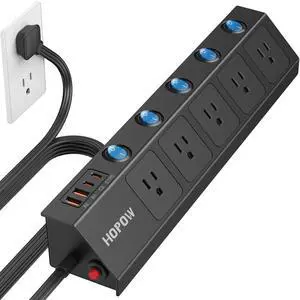 10FT Power Strip with Individual Switches, 5AC&2A2C, Flat Extension Cord | PD20W, 1700 Joules, 1625W/13A, Wide Spaced for Bulky Plugs, Flat Plug, Wall Mount, Black, Surge Protector for Home Office 10FT Power Strip with Individual Switches, 5AC&2A2C, Flat Extension Cord | PD20W, 1700 Joules, 1625W/13A, Wide Spaced for Bulky Plugs, Flat Plug, Wall Mount, Black, Surge Protector for Home Office