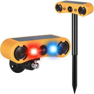 Solar Motion Sensor Alarm Outdoor, Red & Blue LED Strobe Light | 130dB Dual Speakers, 13 Loud Sounds Dog Barking & Siren, Continuous Loop Playback, 4 Working Modes for Home, Farm, Barn Solar Motion Sensor Alarm Outdoor, Red & Blue LED Strobe Light | 130dB Dual Speakers, 13 Loud Sounds Dog Barking & Siren, Continuous Loop Playback, 4 Working Modes for Home, Farm, Barn