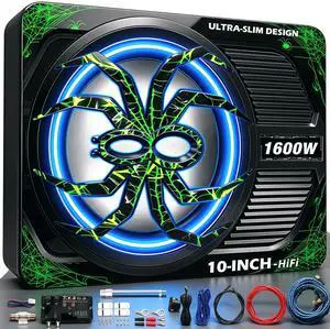 Upgraded 1600W Car Subwoofer, 10" Ultra-Thin Under-Seat Sub with Built-in Amplifier, (LPF/Gain/Bass Boost) LED Ambient Lights, Independent Bass Knob, Distortion-Free Deep BassGreen Upgraded 1600W Car Subwoofer, 10" Ultra-Thin Under-Seat Sub with Built-in Amplifier, (LPF/Gain/Bass Boost) LED Ambient Lights, Independent Bass Knob, Distortion-Free Deep BassGreen