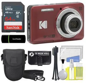 Kodak PIXPRO FZ55 Red 16MP Digital Camera 5X Optical Zoom 28mm Wide Angle 1080P Full HD Video 2.7" LCD Camera + 64GB Card and Reader + Case + Memory Wallet + Tripod + Cleaning Bundle Kodak PIXPRO FZ55 Red 16MP Digital Camera 5X Optical Zoom 28mm Wide Angle 1080P Full HD Video 2.7" LCD Camera + 64GB Card and Reader + Case + Memory Wallet + Tripod + Cleaning Bundle