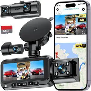 3 Channel Dash Cam, Dash Cam Front Rear Inside, Car Camera for Rideshare | 4K Clear Video, 5.8GHz WiFi, IR Night Vision, G-Sensor, GPS Tracking, Free 64GB Card, 24H Parking Mode for Accident Evidence 3 Channel Dash Cam, Dash Cam Front Rear Inside, Car Camera for Rideshare | 4K Clear Video, 5.8GHz WiFi, IR Night Vision, G-Sensor, GPS Tracking, Free 64GB Card, 24H Parking Mode for Accident Evidence