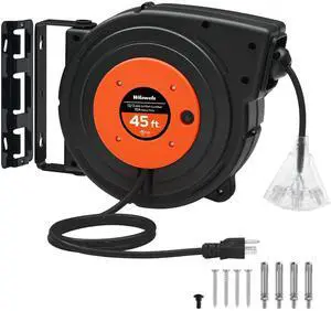 Retractable Extension Cord Reel, 45 FT Heavy Duty Power Cord, 12AWG/3C SJTOW, 3 Grounded Outlets Lighted Triple Tap, 15 Amp Circuit Breaker, UL Listed, Orange B45CR06 Retractable Extension Cord Reel, 45 FT Heavy Duty Power Cord, 12AWG/3C SJTOW, 3 Grounded Outlets Lighted Triple Tap, 15 Amp Circuit Breaker, UL Listed, Orange B45CR06