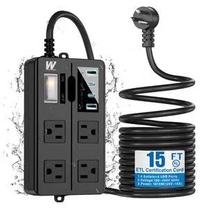 15FT Outdoor Waterproof Power Strip Overload Protector with 4AC Outlets 4USB Ports (2A 2C) Power Switch Safety Lock, ETL Certified for Patio Garden Charging, Black 15FT Outdoor Waterproof Power Strip Overload Protector with 4AC Outlets 4USB Ports (2A 2C) Power Switch Safety Lock, ETL Certified for Patio Garden Charging, Black