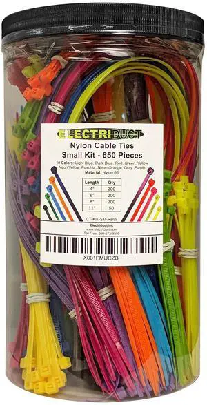 Nylon Cable Tie Kit - 650 Zip Ties - Multi Color (Blue, Red, Green, Yellow, Fuchsia, Orange, Gray, Purple) - Assorted Lengths 4", 6", 8", 11" Nylon Cable Tie Kit - 650 Zip Ties - Multi Color (Blue, Red, Green, Yellow, Fuchsia, Orange, Gray, Purple) - Assorted Lengths 4", 6", 8", 11"
