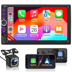 7'' Wireless Double Din Car Stereo Carplay Radio Screen for Car Audio Receivers, Bluetooth Car Play Android Auto Touchscreen, Mirror Link, FM/AM, Backup Camera, Type-C 7'' Wireless Double Din Car Stereo Carplay Radio Screen for Car Audio Receivers, Bluetooth Car Play Android Auto Touchscreen, Mirror Link, FM/AM, Backup Camera, Type-C