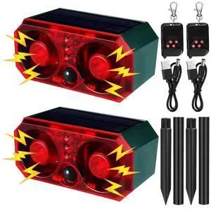 2 Pcs Solar Outdoor Motion Sensor Alarm with Stake Animal Deterrent Dog Barking Sensor 13 Sound 130dB Loud Noise Maker 4 Mode with USB Remote Control Support Recording Volume Adjustment 2 Pcs Solar Outdoor Motion Sensor Alarm with Stake Animal Deterrent Dog Barking Sensor 13 Sound 130dB Loud Noise Maker 4 Mode with USB Remote Control Support Recording Volume Adjustment