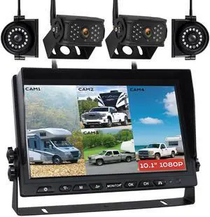 10.1" Wireless RV Backup Camera System, 2 Rear Cameras & 2 Side Cameras for Reversing/Monitoring Trailer Truck Pickup Camper, 1080P DVR Monitor, IP69K Waterproof IR Night Vision Camera, WN4 10.1" Wireless RV Backup Camera System, 2 Rear Cameras & 2 Side Cameras for Reversing/Monitoring Trailer Truck Pickup Camper, 1080P DVR Monitor, IP69K Waterproof IR Night Vision Camera, WN4