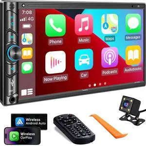 Double Din Car Stereo Compatible with Voice Control Apple Carplay - 7 Inch HD LCD Touchscreen Monitor, Bluetooth, Subwoofer, USB/SD Port, A/V Input, AM/FM Car Radio Receiver, Backup Camera Double Din Car Stereo Compatible with Voice Control Apple Carplay - 7 Inch HD LCD Touchscreen Monitor, Bluetooth, Subwoofer, USB/SD Port, A/V Input, AM/FM Car Radio Receiver, Backup Camera