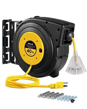 Retractable Extension Cord Reel, 40 FT Heavy Duty Power Cord, 12AWG/3C SJTOW, 3 Grounded Outlets Lighted Triple Tap, 15 Amp Circuit Breaker, UL Listed, Yellow Y40CR06 Retractable Extension Cord Reel, 40 FT Heavy Duty Power Cord, 12AWG/3C SJTOW, 3 Grounded Outlets Lighted Triple Tap, 15 Amp Circuit Breaker, UL Listed, Yellow Y40CR06