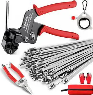 105PCS Heavy Duty 304 Stainless Steel Cable Tie Gun Kit | 100pcs 11.8inch Metal Zip Ties, Self-Locking, UV & Corrosion Resistant, for Fence, Exhaust Wrap, Chicken Coop, Farm Use 105PCS Heavy Duty 304 Stainless Steel Cable Tie Gun Kit | 100pcs 11.8inch Metal Zip Ties, Self-Locking, UV & Corrosion Resistant, for Fence, Exhaust Wrap, Chicken Coop, Farm Use
