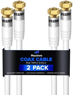 RG6 Coaxial Cable 20 Ft, Triple Shielded, White, CL3, Gold F-Type, 2 Pack RG6 Coaxial Cable 20 Ft, Triple Shielded, White, CL3, Gold F-Type, 2 Pack