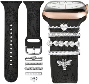 Watch Band Charms (Band Included), Compatible with Apple Watch Band 38mm 40mm 41mm 42mm(S10), Floral Engraved Silicone Straps Accessories for iWatch Bands Ultra 3 2 1 Series se 11 10 9 8 7 6 5 4 3 2 1 Watch Band Charms (Band Included), Compatible with Apple Watch Band 38mm 40mm 41mm 42mm(S10), Floral Engraved Silicone Straps Accessories for iWatch Bands Ultra 3 2 1 Series se 11 10 9 8 7 6 5 4 3 2 1