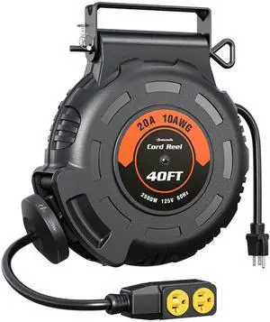 10 Gauge Retractable Extension Cord Reel, 40FT, ETL Listed | 10AWG/3C SJTW Heavy Duty Power Cord, 4 Grounded Outlets, 20 Amp Circuit Breaker, 180° Swivel Bracket for Ceiling/Wall Mount 10 Gauge Retractable Extension Cord Reel, 40FT, ETL Listed | 10AWG/3C SJTW Heavy Duty Power Cord, 4 Grounded Outlets, 20 Amp Circuit Breaker, 180° Swivel Bracket for Ceiling/Wall Mount