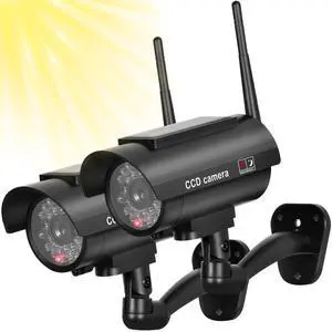 Solar Powered Fake Security Camera, Bullet Dummy Security Camera Simulated Surveillance System with Realistic Red Flashing Light Sensor and Warning Sticker for Indoor/Outdoor(2Pack, Black) Solar Powered Fake Security Camera, Bullet Dummy Security Camera Simulated Surveillance System with Realistic Red Flashing Light Sensor and Warning Sticker for Indoor/Outdoor(2Pack, Black)